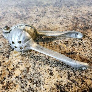 Primitive Kitchen Lemon Juicer, Early Aluminum Food Press, Hand Forged Antique